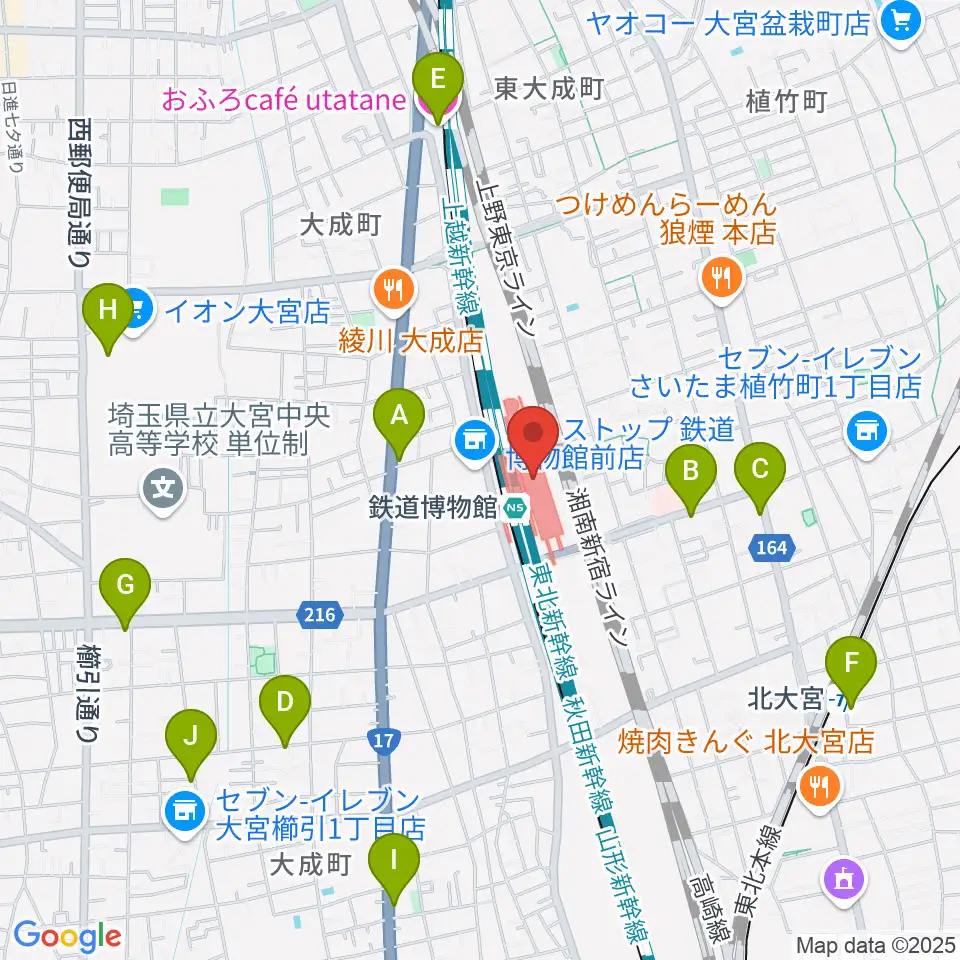鉄道博物館周辺のカフェ一覧地図