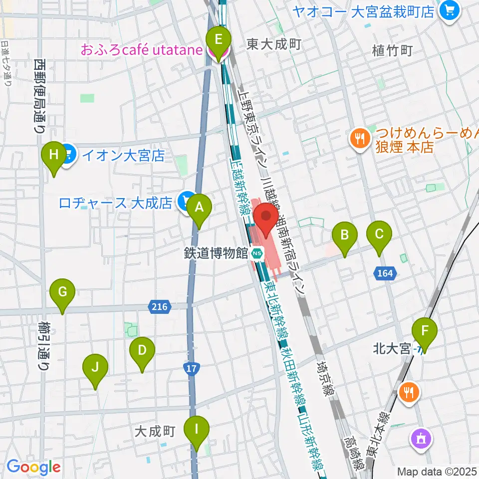 鉄道博物館周辺のカフェ一覧地図