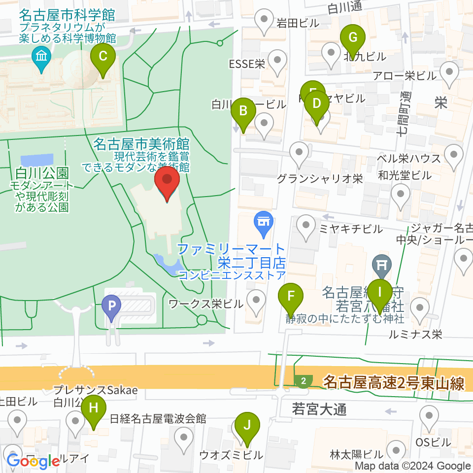 名古屋市美術館周辺のカフェ一覧地図