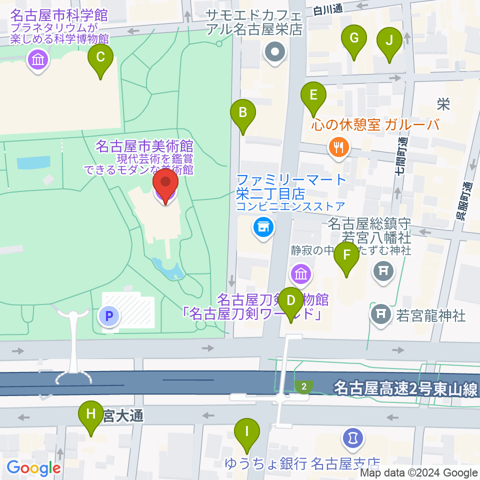 名古屋市美術館周辺のカフェ一覧地図