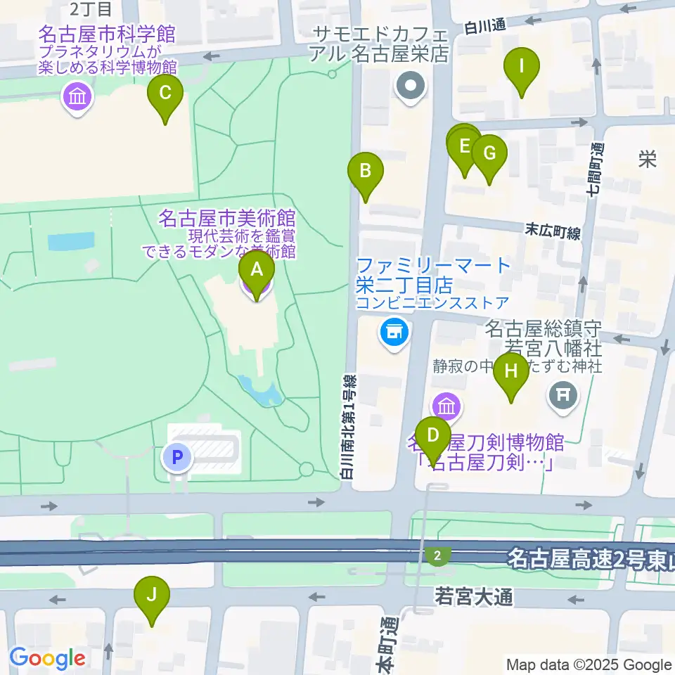 名古屋市美術館周辺のカフェ一覧地図