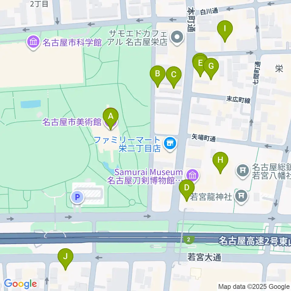名古屋市美術館周辺のカフェ一覧地図