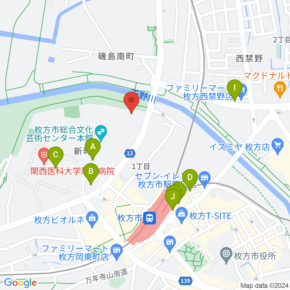枚方市総合文化芸術センター別館周辺のカフェ一覧地図
