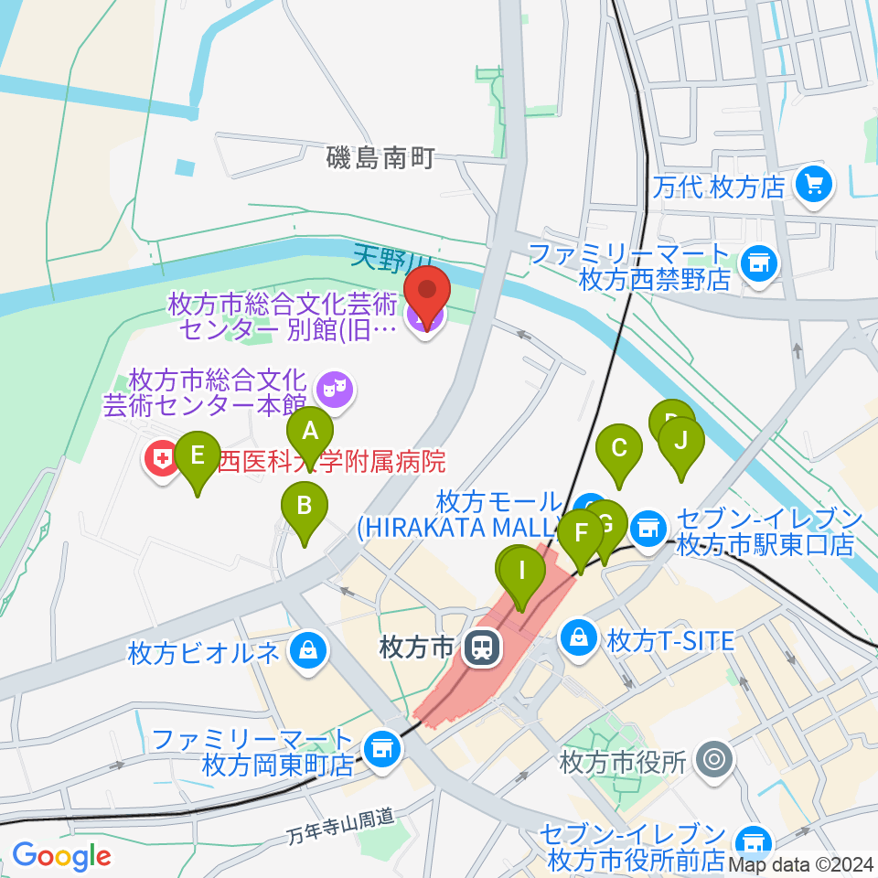 枚方市総合文化芸術センター別館周辺のカフェ一覧地図