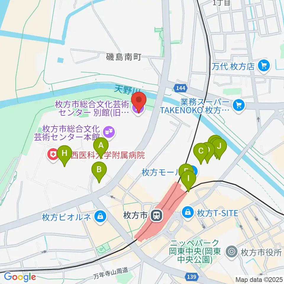 枚方市総合文化芸術センター別館周辺のカフェ一覧地図