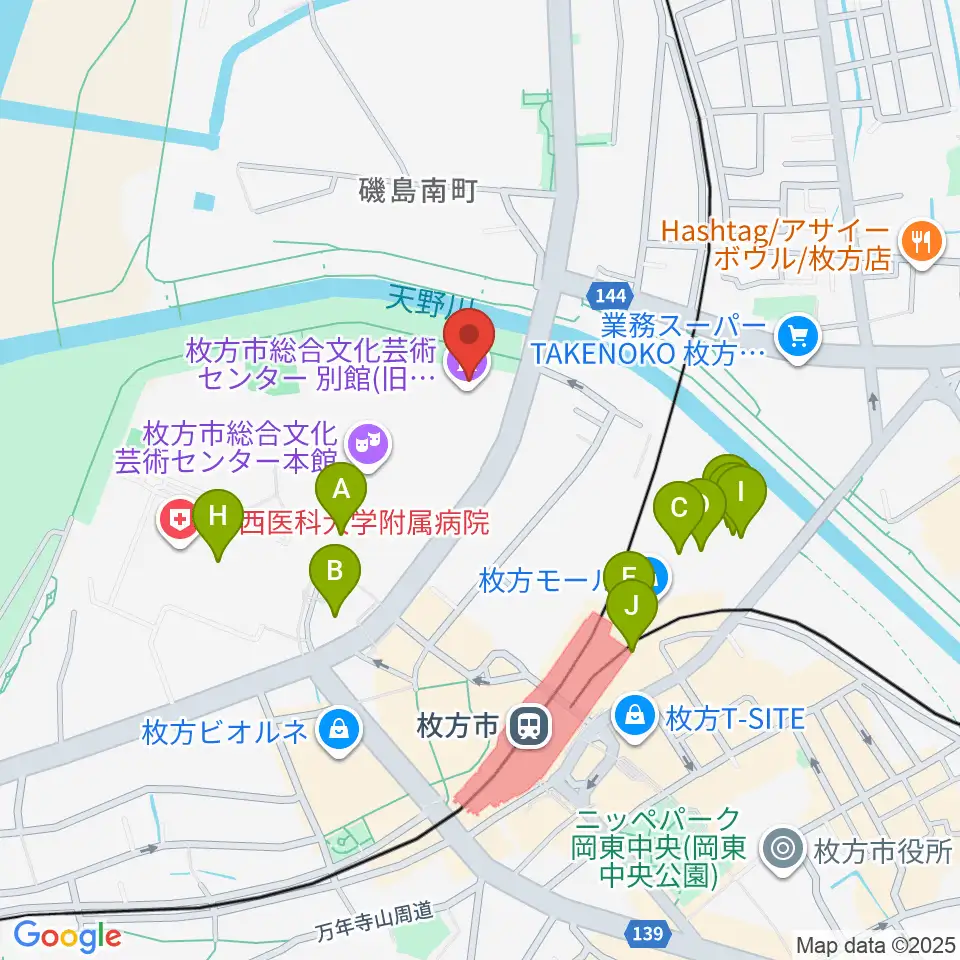 枚方市総合文化芸術センター別館周辺のカフェ一覧地図