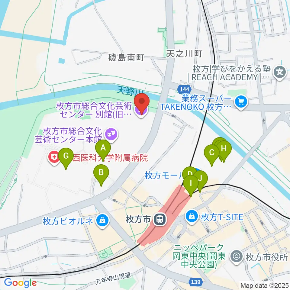 枚方市総合文化芸術センター別館周辺のカフェ一覧地図