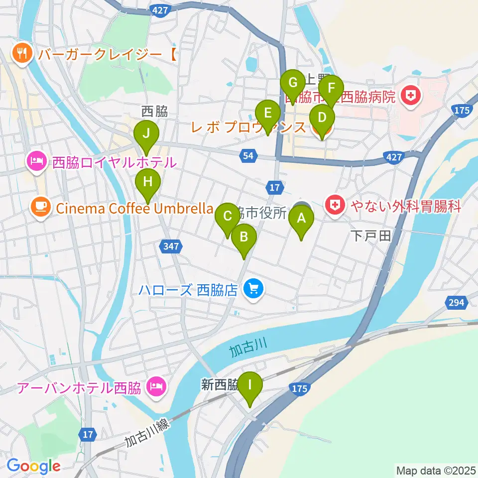 西脇市市民交流施設オリナス周辺のカフェ一覧地図