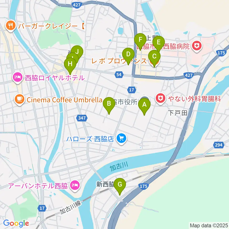 西脇市市民交流施設オリナス周辺のカフェ一覧地図