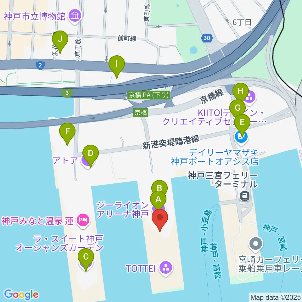 ジーライオンアリーナ神戸周辺のカフェ一覧地図