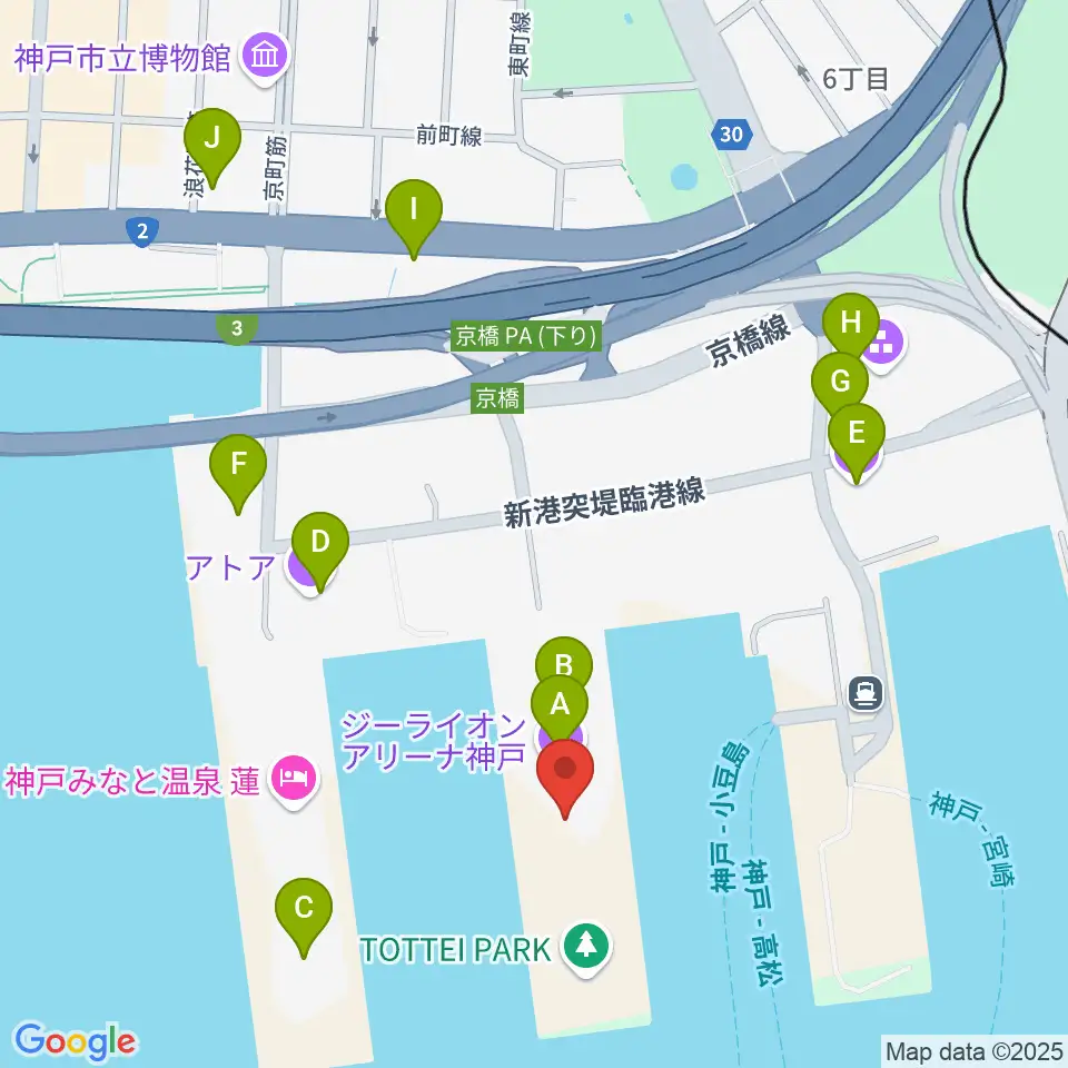 ジーライオンアリーナ神戸周辺のカフェ一覧地図