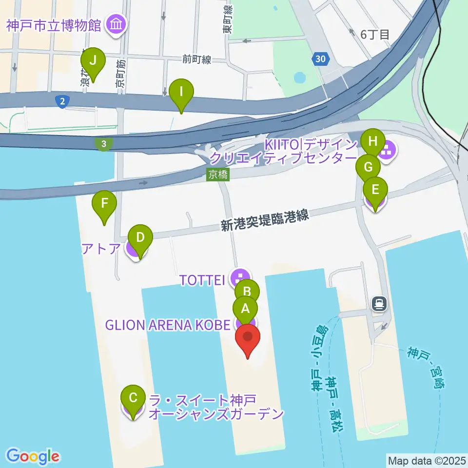 ジーライオンアリーナ神戸周辺のカフェ一覧地図