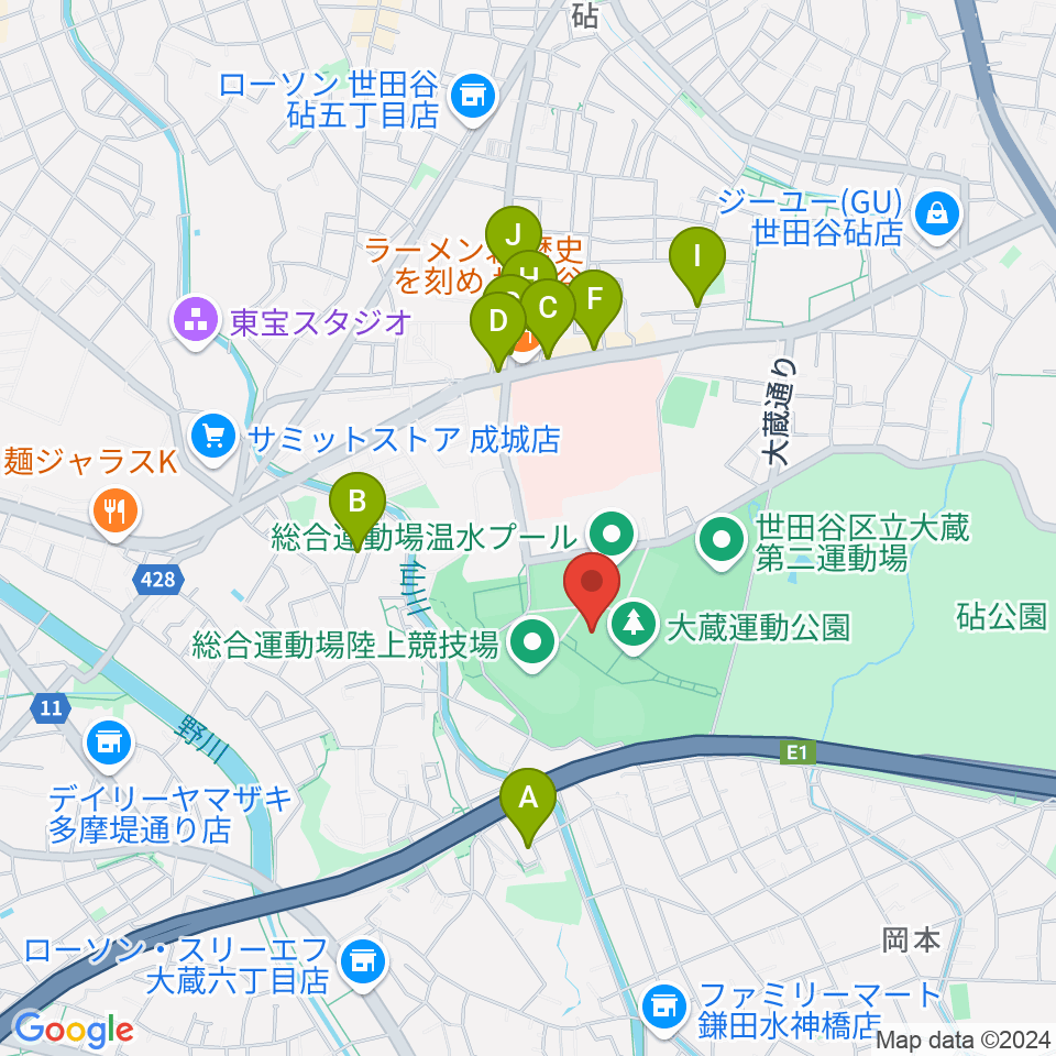 世田谷区立総合運動場体育館周辺のカフェ一覧地図