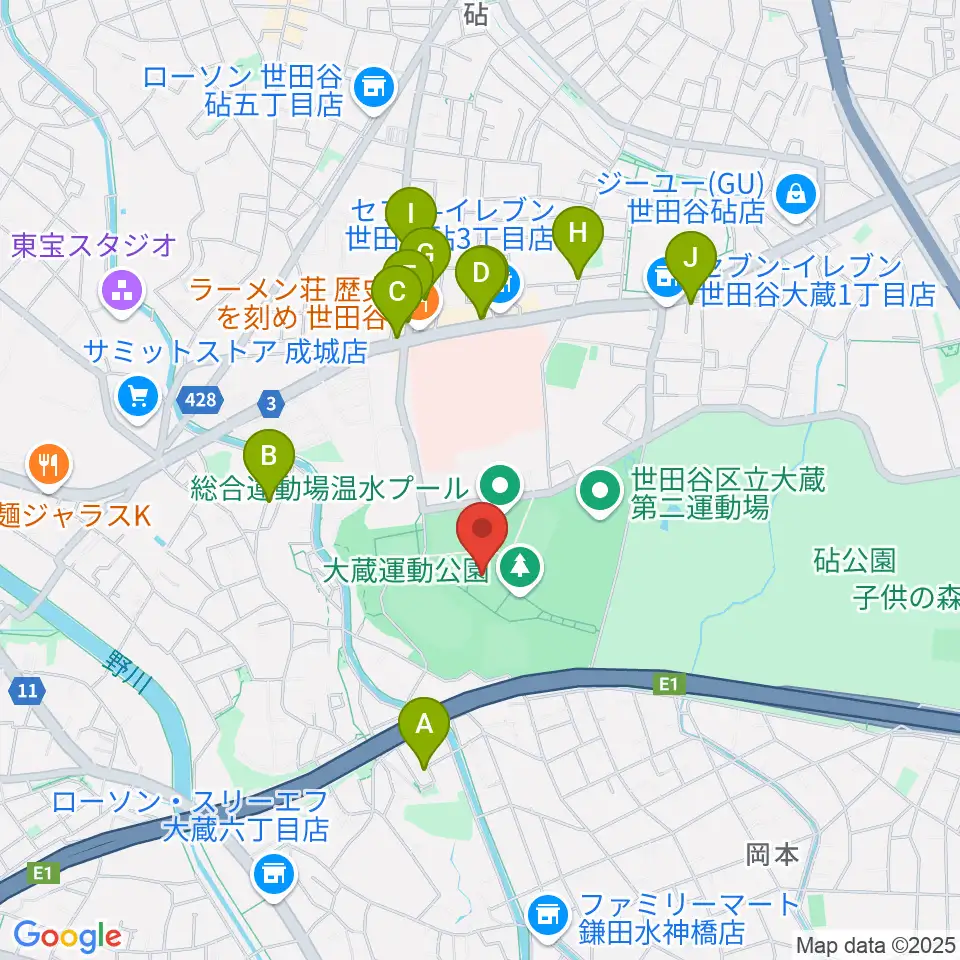 世田谷区立総合運動場体育館周辺のカフェ一覧地図