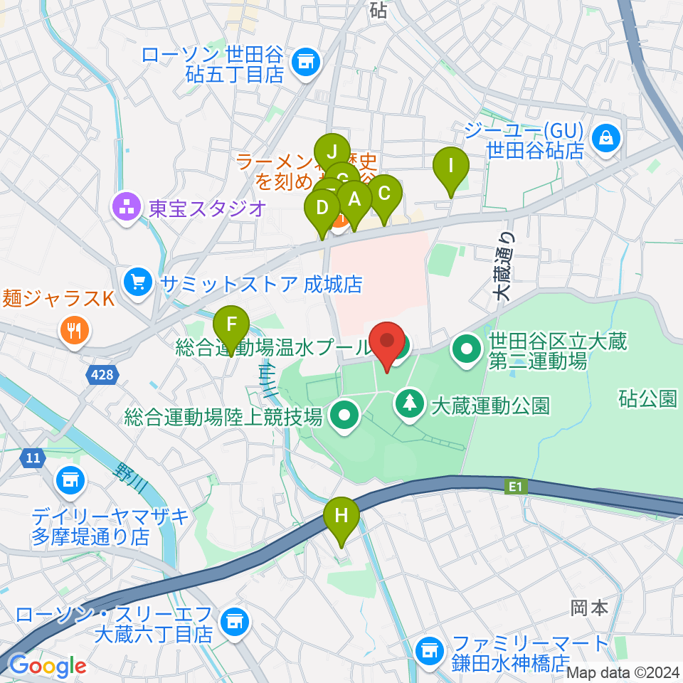 世田谷区立総合運動場温水プール周辺のカフェ一覧地図