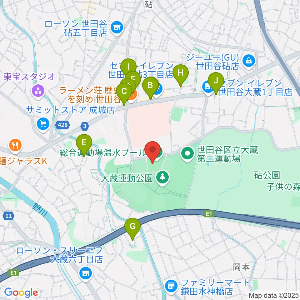 世田谷区立総合運動場温水プール周辺のカフェ一覧地図