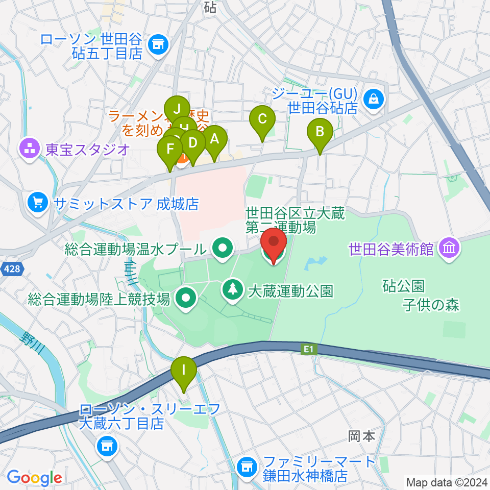 大蔵第二運動場体育館周辺のカフェ一覧地図