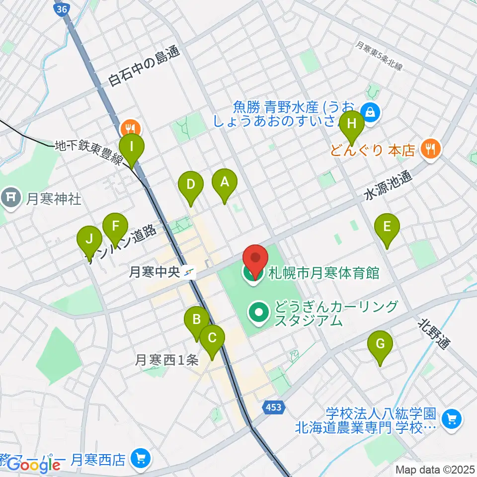 月寒屋外競技場周辺のカフェ一覧地図