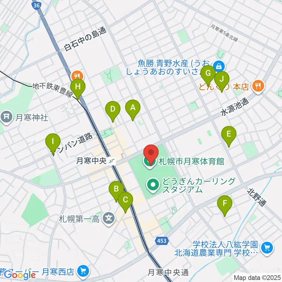 月寒屋外競技場周辺のカフェ一覧地図