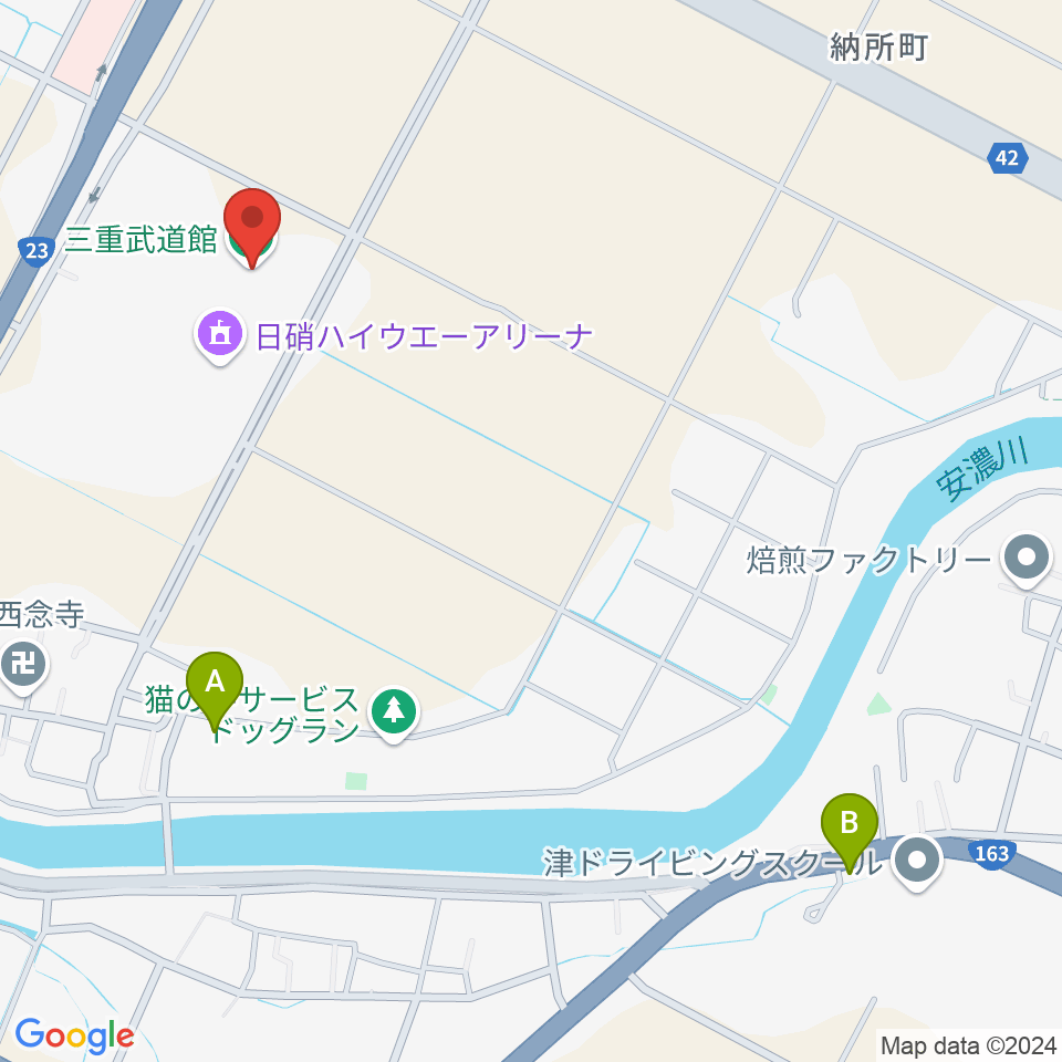 NHW三重武道館周辺のカフェ一覧地図