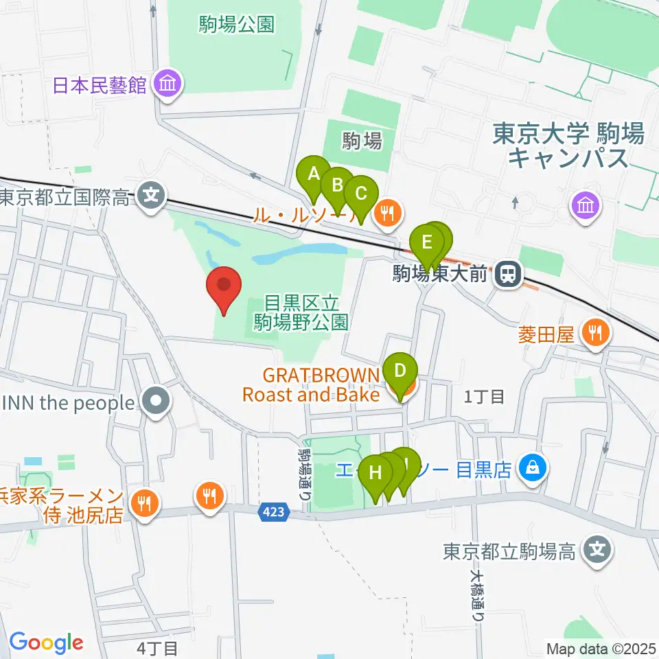 目黒区立駒場体育館周辺のカフェ一覧地図