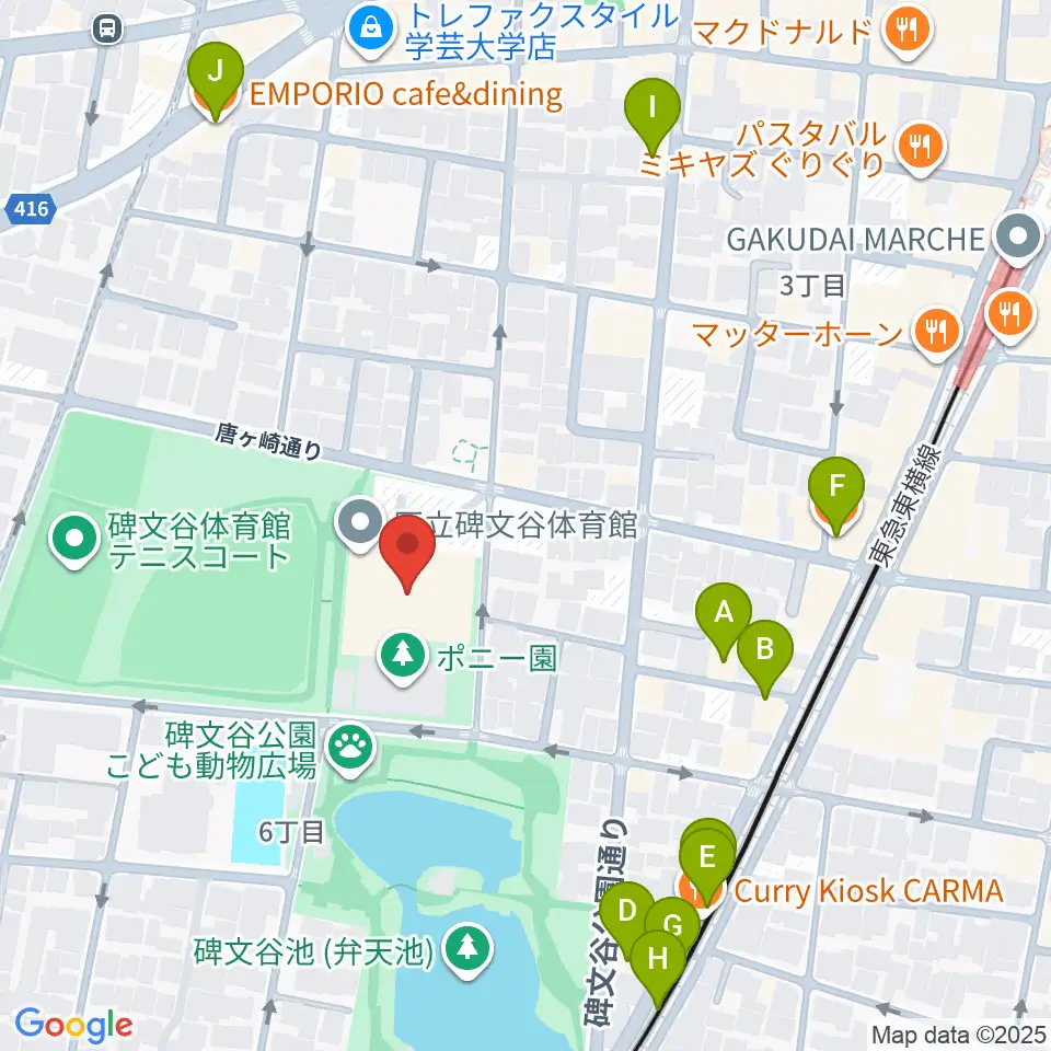 碑文谷体育館周辺のカフェ一覧地図
