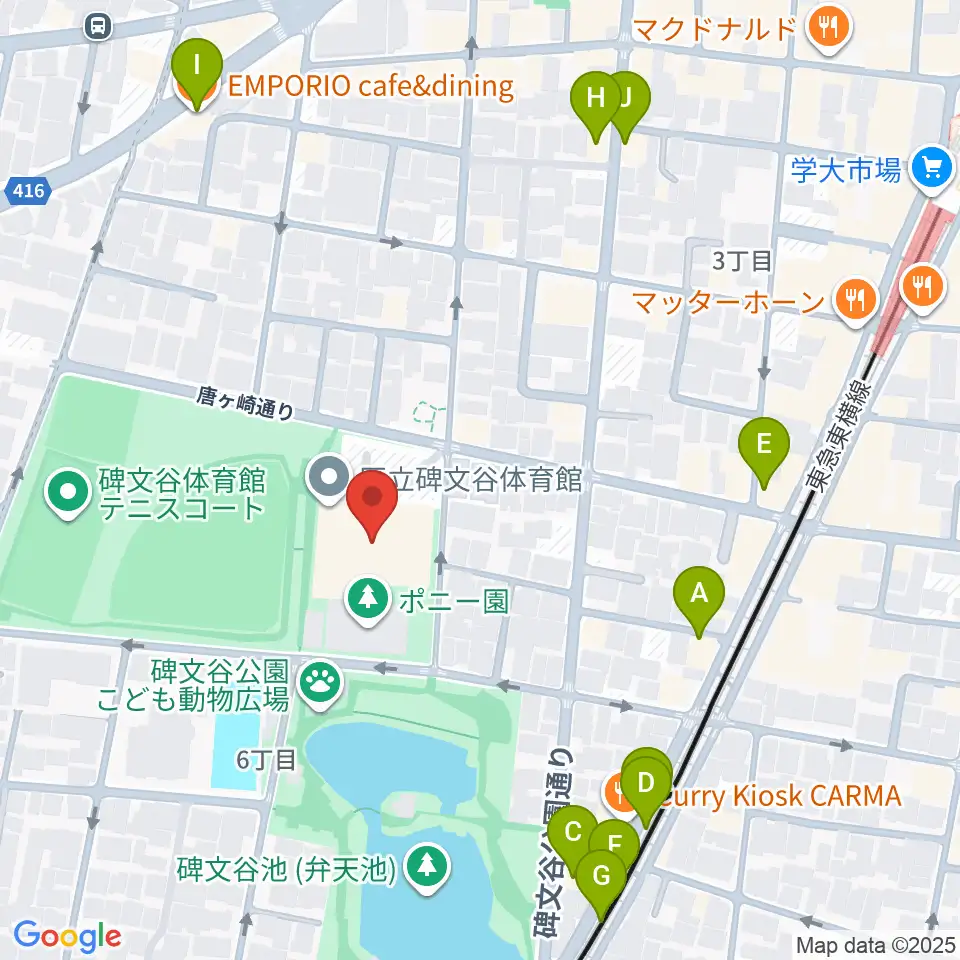 碑文谷体育館周辺のカフェ一覧地図