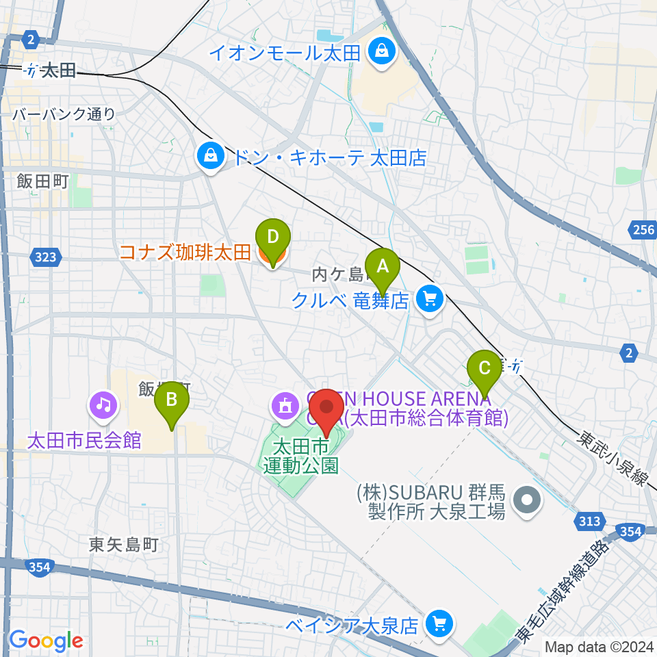 太田市運動公園陸上競技場周辺のカフェ一覧地図