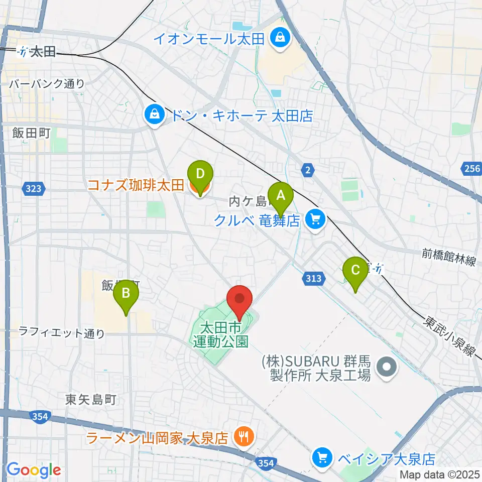 太田市運動公園陸上競技場周辺のカフェ一覧地図
