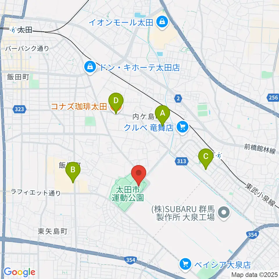 太田市運動公園陸上競技場周辺のカフェ一覧地図
