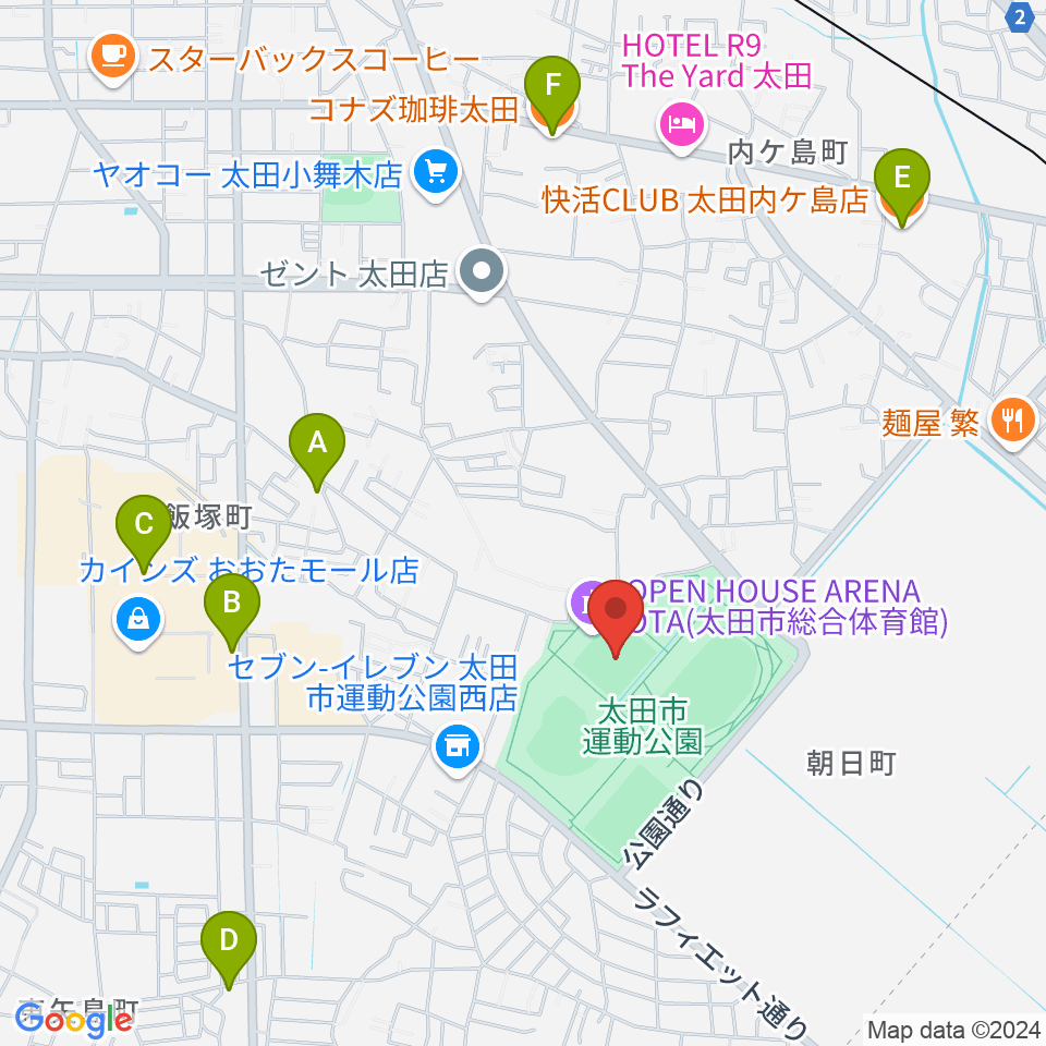 オープンハウスアリーナ太田周辺のカフェ一覧地図