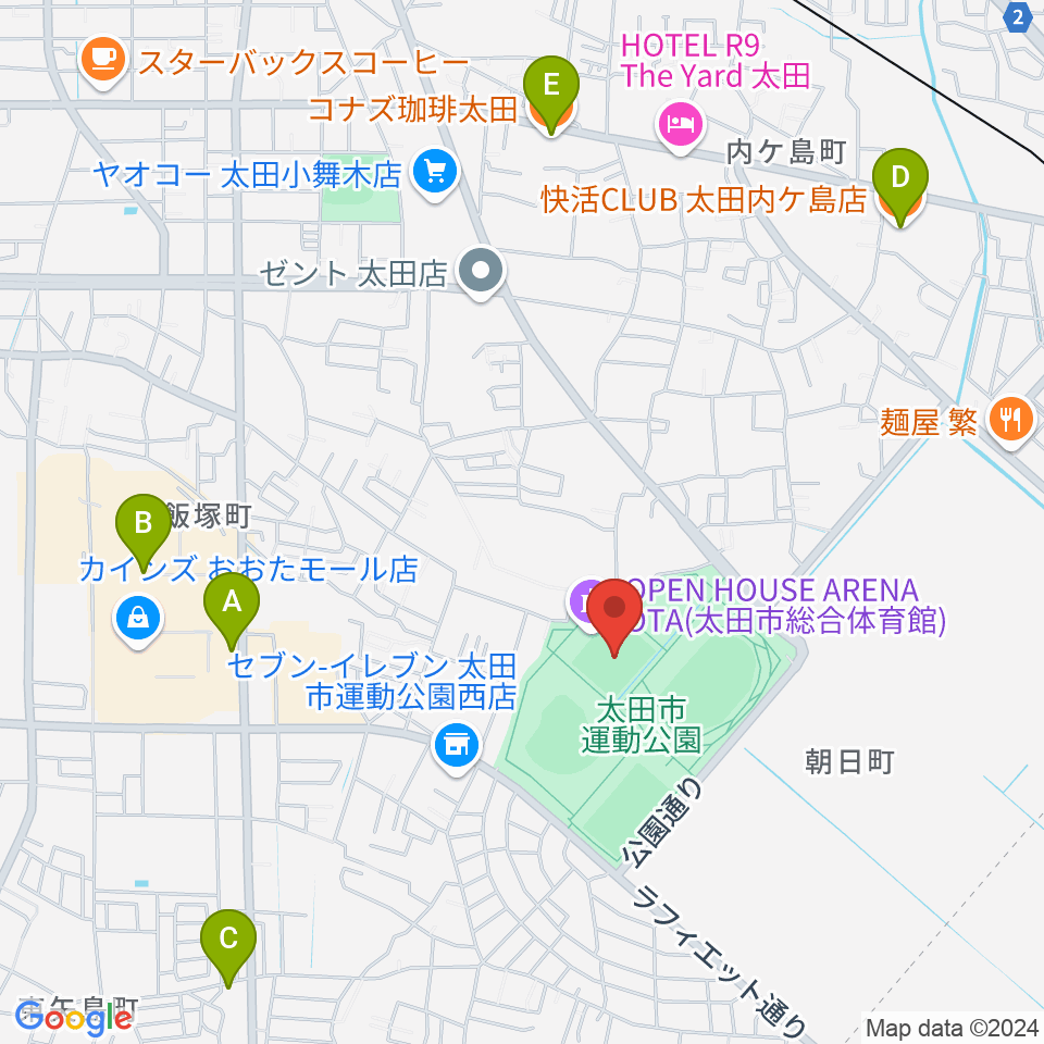 オープンハウスアリーナ太田周辺のカフェ一覧地図