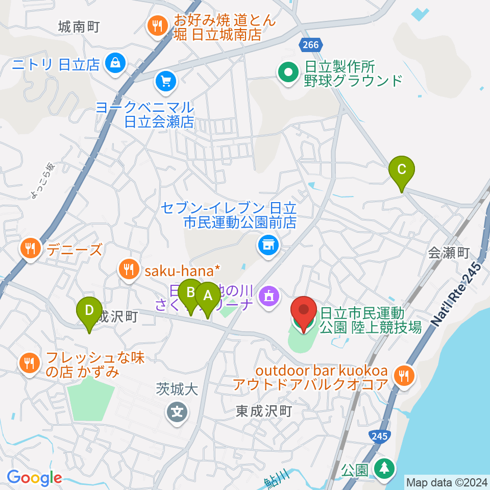 日立市民運動公園陸上競技場周辺のカフェ一覧地図