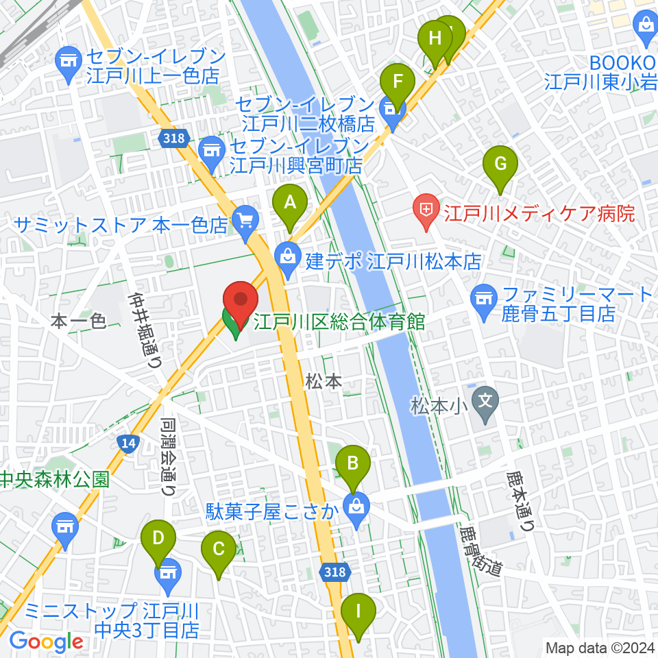 江戸川区総合体育館周辺のカフェ一覧地図