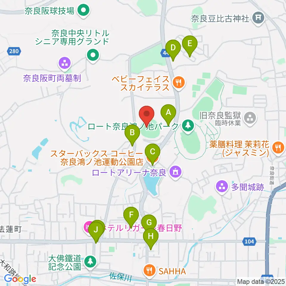 ロートスタジアム奈良周辺のカフェ一覧地図