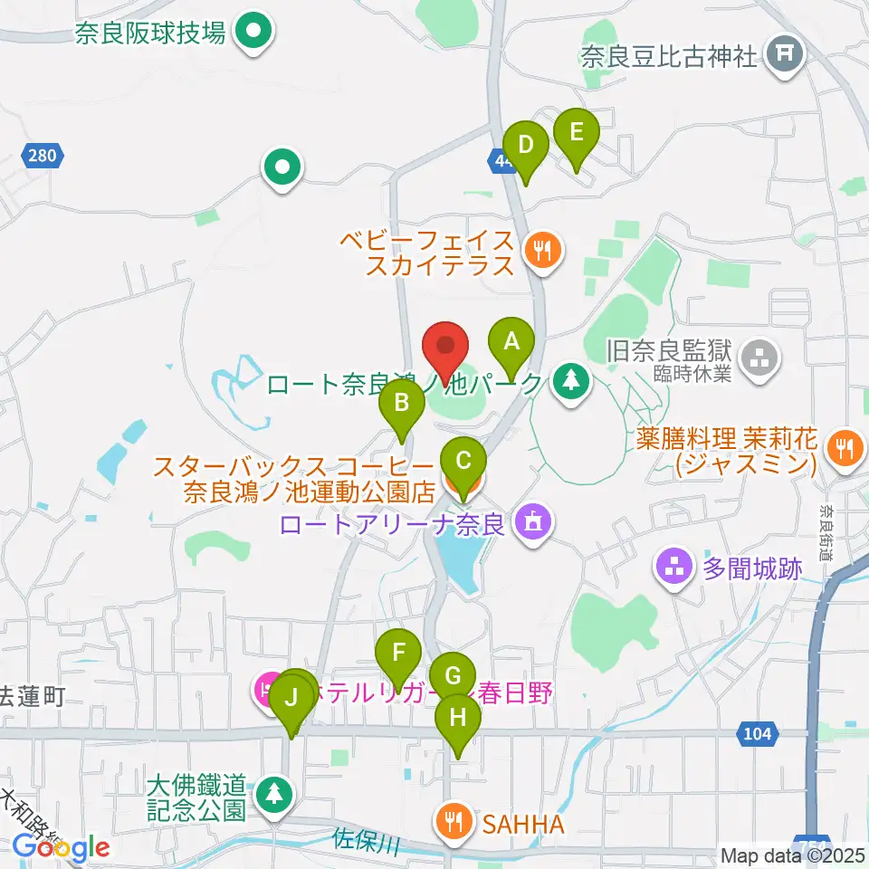 ロートスタジアム奈良周辺のカフェ一覧地図