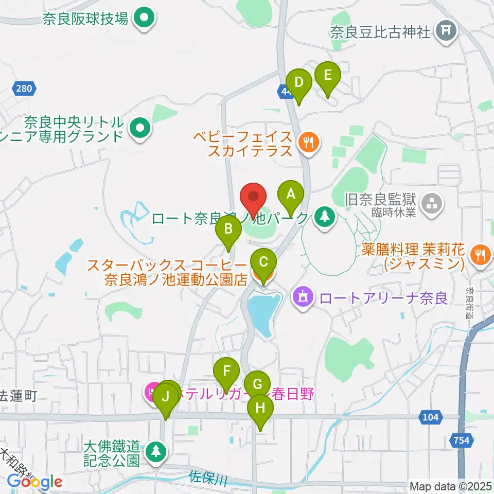 ロートスタジアム奈良周辺のカフェ一覧地図
