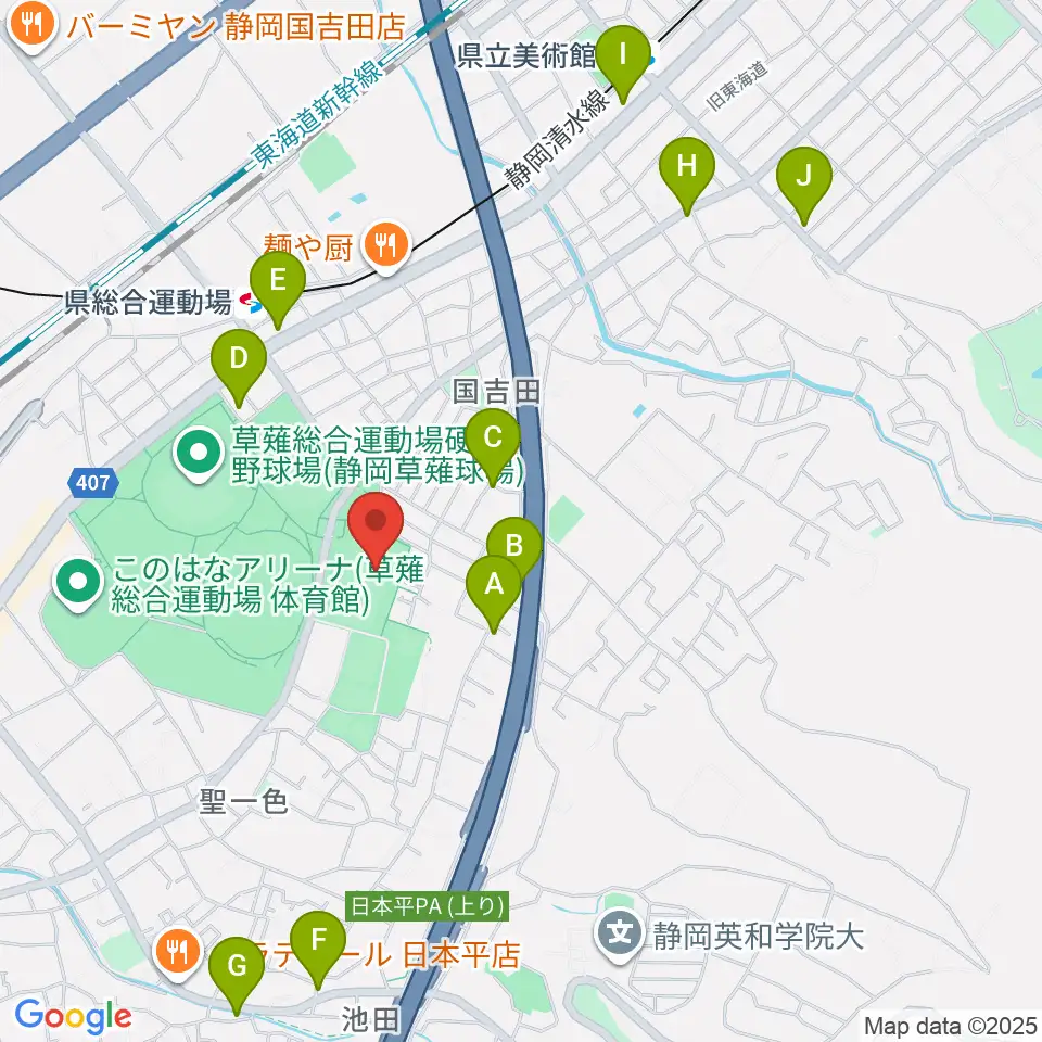 草薙総合運動場球技場周辺のカフェ一覧地図