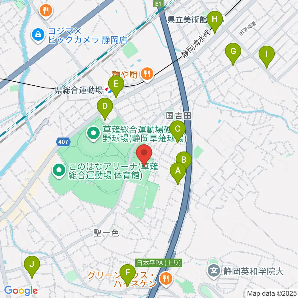 草薙総合運動場球技場周辺のカフェ一覧地図