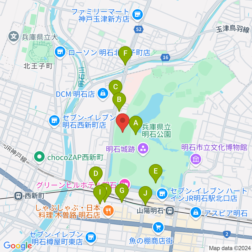 きしろスタジアム 明石公園陸上競技場周辺のカフェ一覧地図