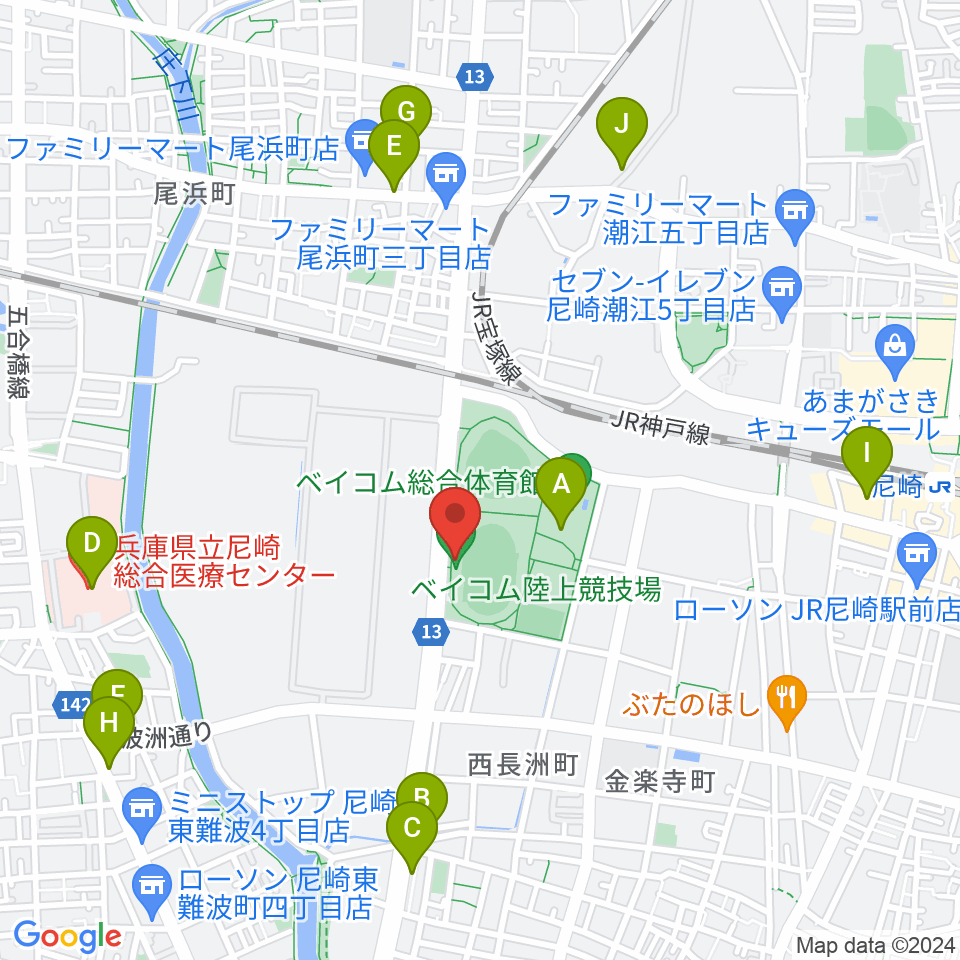 ベイコム陸上競技場周辺のカフェ一覧地図