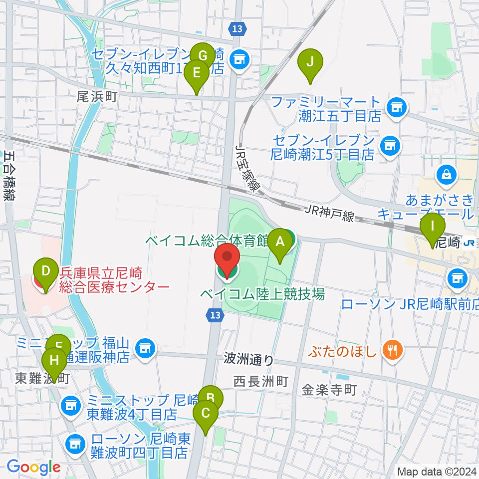 ベイコム陸上競技場周辺のカフェ一覧地図