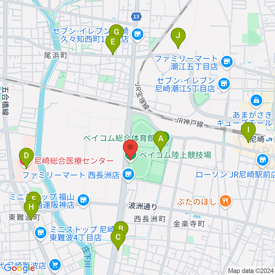 ベイコム陸上競技場周辺のカフェ一覧地図