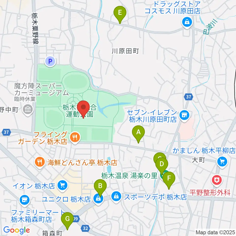 マルワ・アリーナとちぎ周辺のカフェ一覧地図