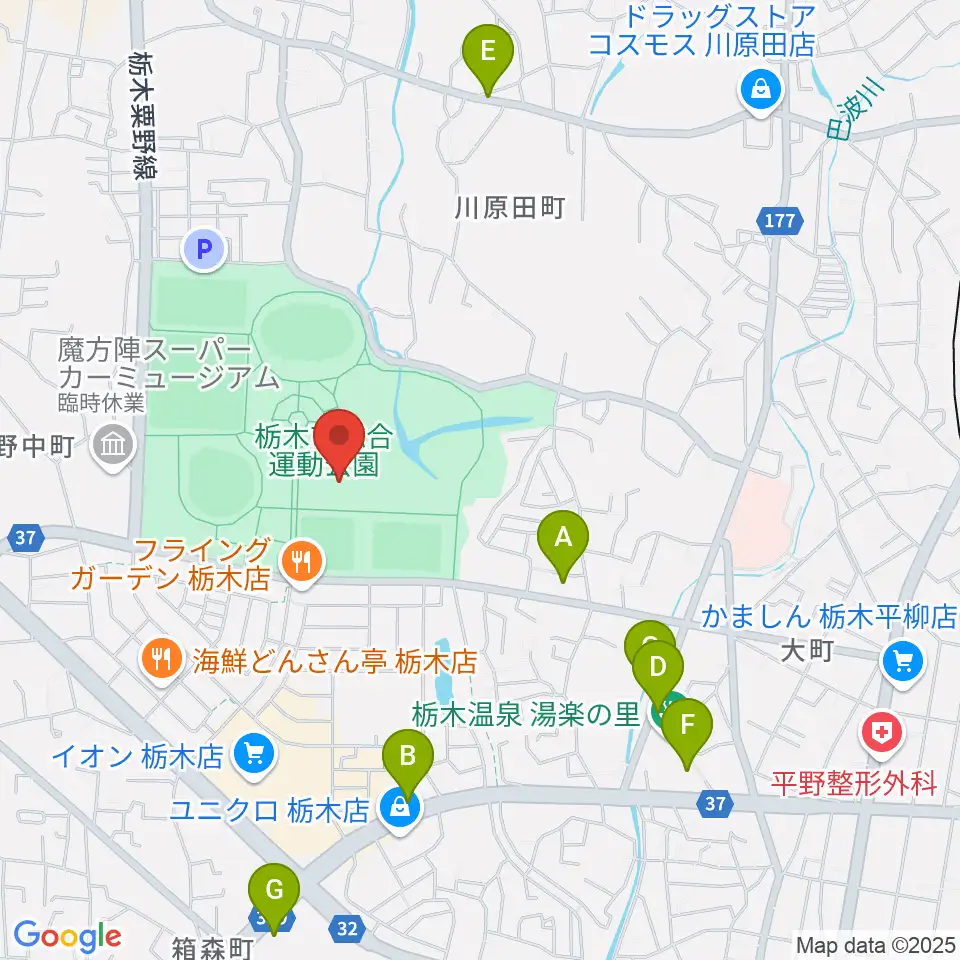 マルワ・アリーナとちぎ周辺のカフェ一覧地図