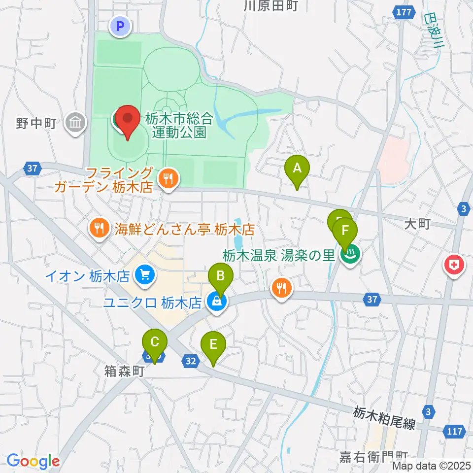とちぎ木の花スタジアム周辺のカフェ一覧地図