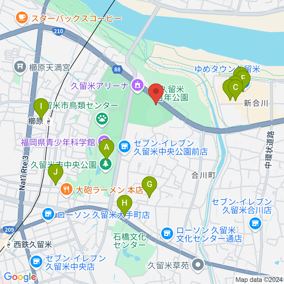 久留米市野球場周辺のカフェ一覧地図