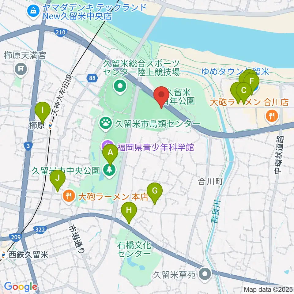 久留米市野球場周辺のカフェ一覧地図