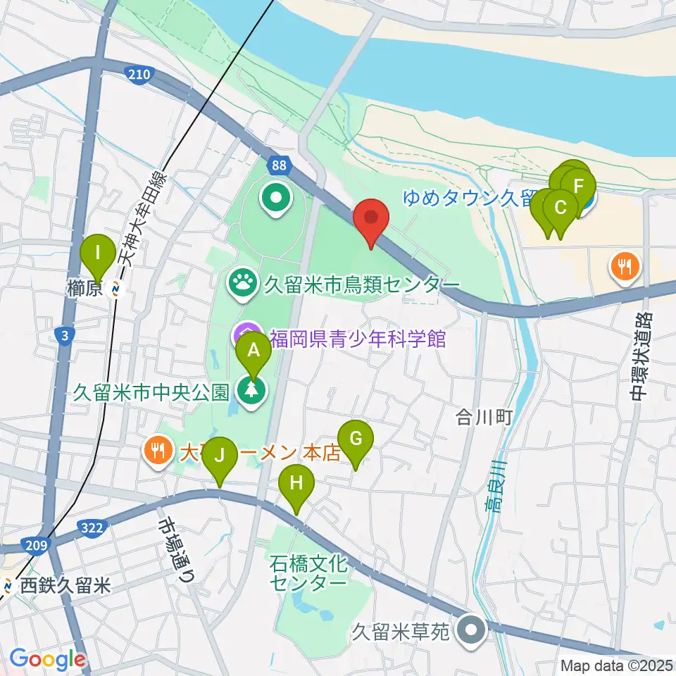 久留米市野球場周辺のカフェ一覧地図