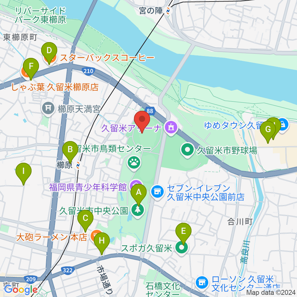 福岡県立久留米総合スポーツセンター陸上競技場周辺のカフェ一覧地図